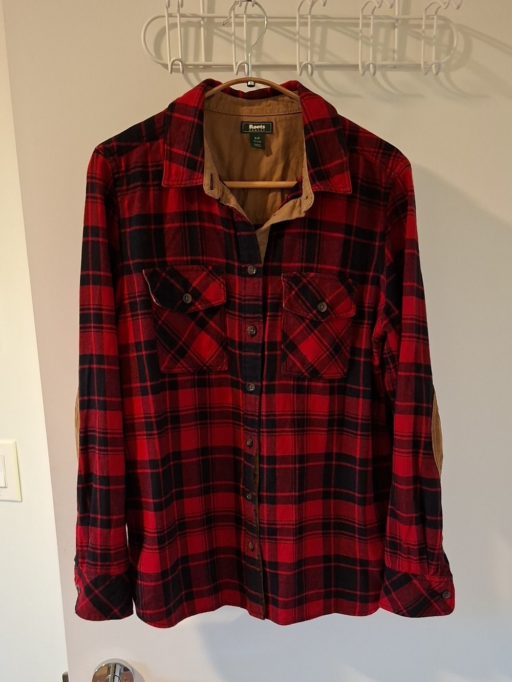 Roots Red & Black 100% Cotton Buffalo Plaid Shirt w/ Corduroy Patches (Size S)